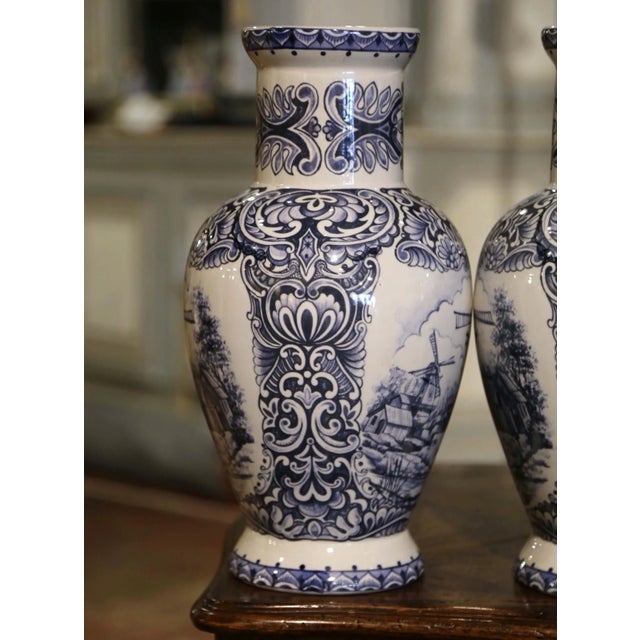 Blue Pair of Early 20th Century Dutch Blue and White Hand Painted Faience Delft Vases For Sale - Image 8 of 12