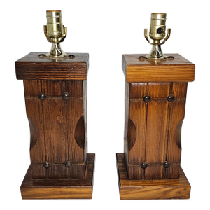 Pair of 1970s Handcrafted Rustic Solid Pine Framhouse Style Lamps
