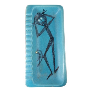 Mid-Century Modern Turquoise Blue Dish With Figure and Bird by Harris G. Strong For Sale