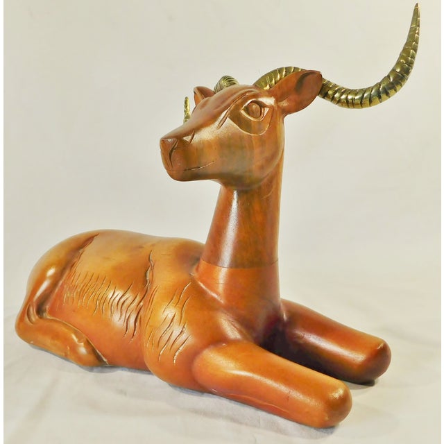 Large Vintage Mid Century Carved Wood Antelope Sculpture With Brass Horns For Sale - Image 4 of 10
