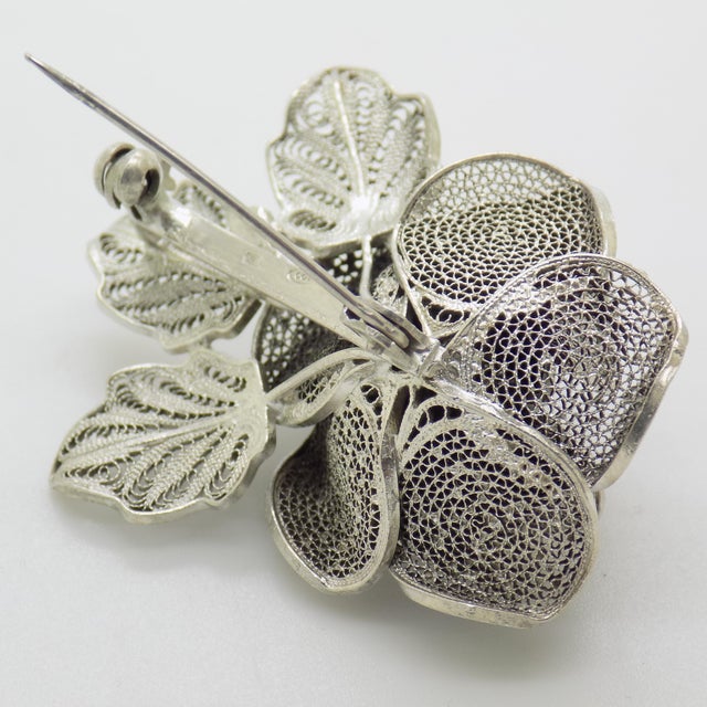 Silver Vintage Italian Handmade Genuine Silver Filigree Rose Shaped Brooch, 1970s For Sale - Image 8 of 13