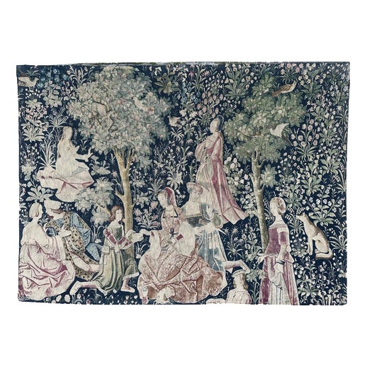 Vintage French Medieval Style Screen Printed Tapestry, 1960s For Sale