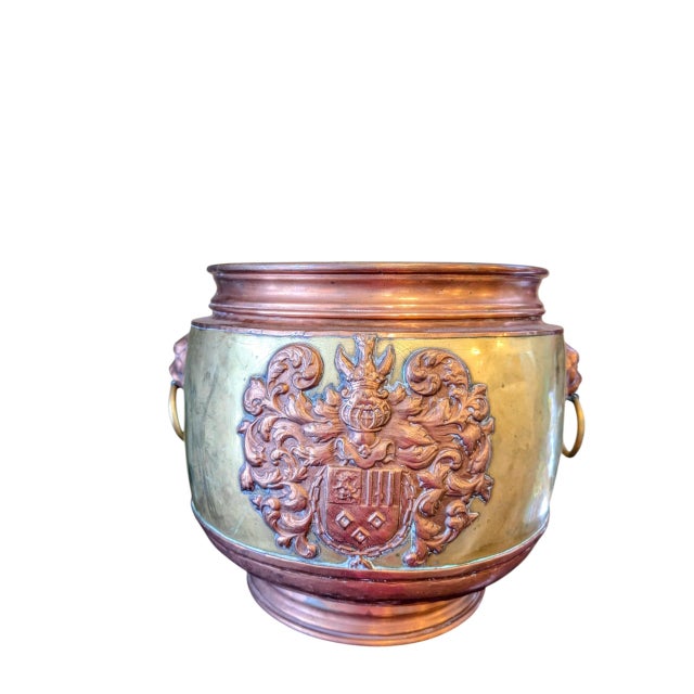 Copper Antique French Copper and Brass Jardiniere With Crest and Lion Head Handles For Sale - Image 8 of 12