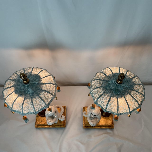 Italian Porcelain Monkey/Parisol Lamps With Gold Leaf Bases For Sale - Image 14 of 15