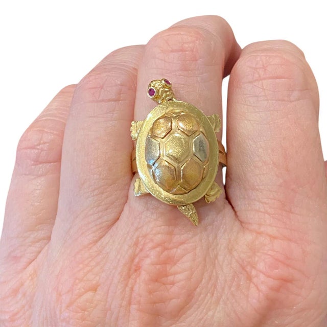 Red Late 20th Century Large 14k Articulating Turtle Ring With Ruby Eyes For Sale - Image 8 of 9
