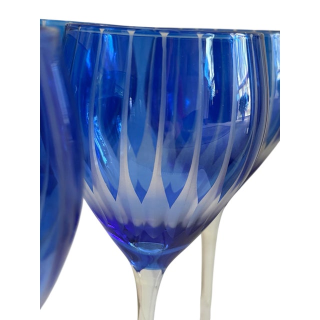 Vintage Blue Etched Crystal Stemware, Set of 8 For Sale - Image 4 of 5