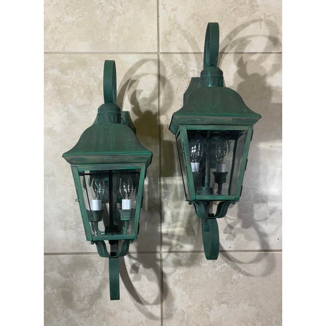 Pair of Vintage Solid Brass Outdoor Wall Lanterns - 22”h X 7”.5 W X 7”.5 D For Sale - Image 15 of 16