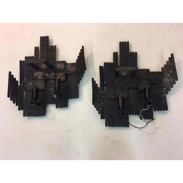 Black Pair of Mid Century Italian Brutalist Blackened Iron & Geometric Multi Colored Murano Glass Sconces For Sale - Image 8 of 9