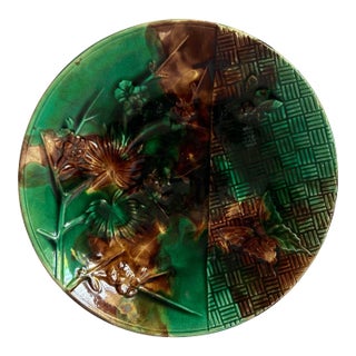 Antique Wedgwood Majolica Plate 1882 Green Brown Floral Butterfly 9” For Sale