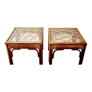 Mid-Century Bamboo and Rattan Side Tables With Glass Tops by P T Fendi Mungil For Sale