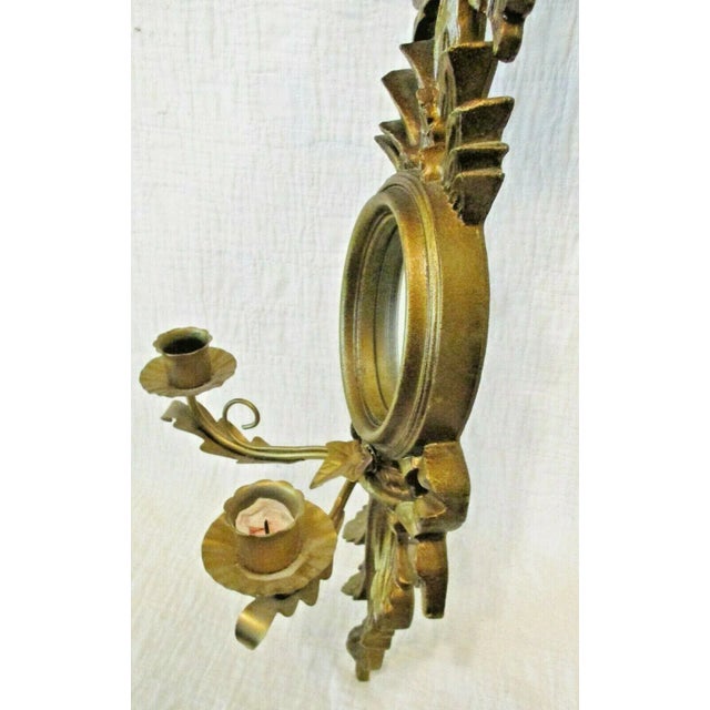 Gold 1960s Vintage Italian Giltwood Bow Top Botanical Decor Mirror Two Candle Wall Sconce For Sale - Image 8 of 11