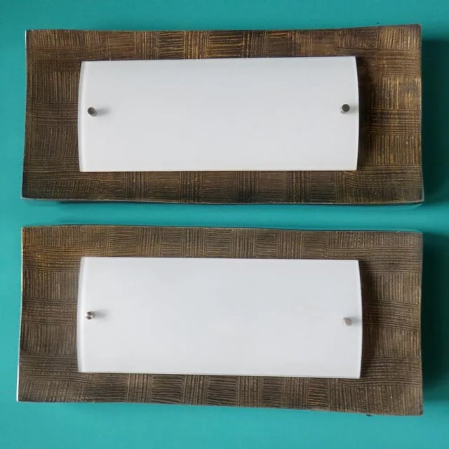 Metal Sconces in Gilded Low Relief Alloy and Opaline Glass. Germany 1980 from Fischer Leuchten, Set of 2 For Sale - Image 7 of 11