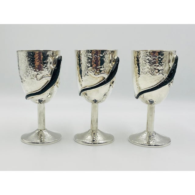 Metal 1980s Set of 3 Emilia Castillo Silver Plated Goblets With Black Onyx Lizards, Mexico For Sale - Image 7 of 15