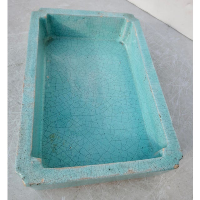 Chinese export planter tray in turquoise color glazed tray with the export mark of CHINA on the bottom. Crackled tray with...