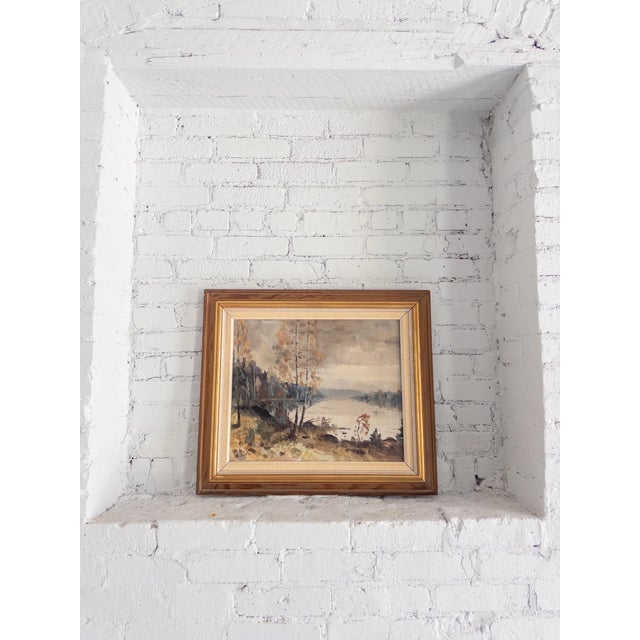 1950s Swedish Landscape Oil Painting in Pine Wood Frame For Sale - Image 4 of 5
