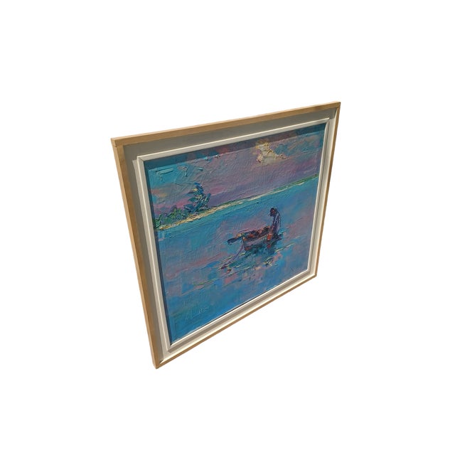 Vintage framed impressionistic oil paintingon canvas of a man at sea . Heavy pallette strokes were used to create this...