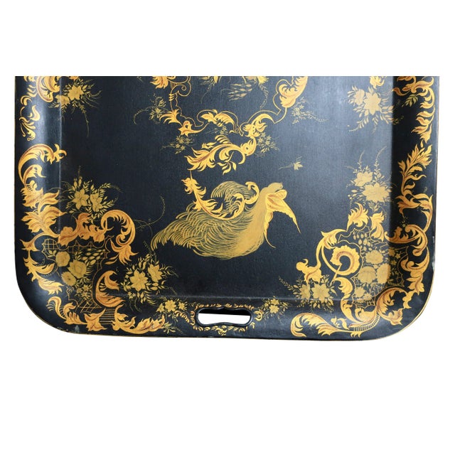 Early 20th Century Tole Tray Coffee Table in Gold and Black with Bird Decoration For Sale - Image 18 of 18