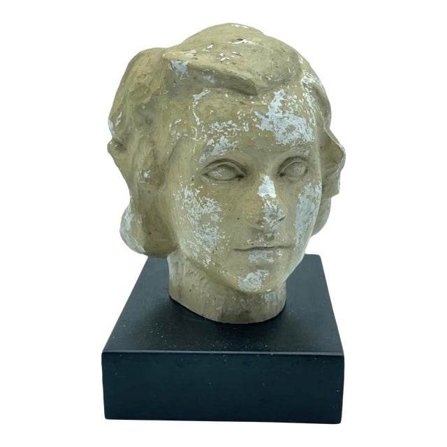 Elegant Vintage Plaster Bust of Woman’s Head on Black Wood Base For Sale