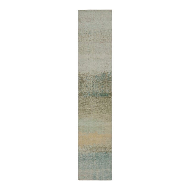 Rug & Kilim’s Distressed Style Abstract Runner Rug in Blue and Beige For Sale