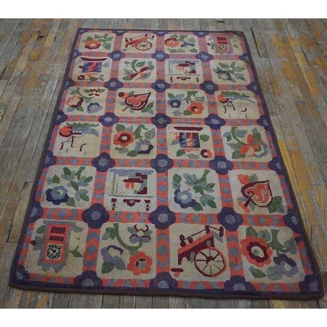 1930s Small Multicolor Geometric Roses Folk Art Antique American Hooked Wool Rug For Sale - Image 9 of 11
