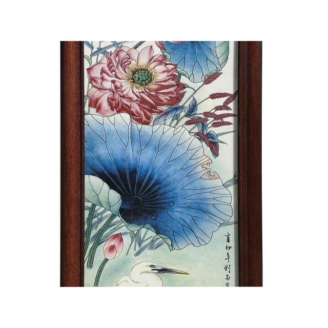 Wood Vintage Chinese Wood Frame Porcelain Egret Lotus Wall Plaque Panel For Sale - Image 7 of 9