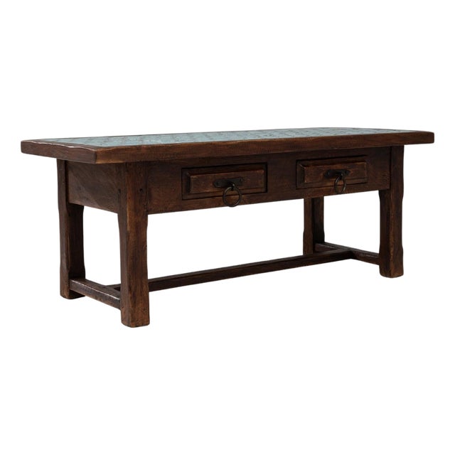 1970s French Wooden Coffee Table With Turquoise Tiled Top For Sale