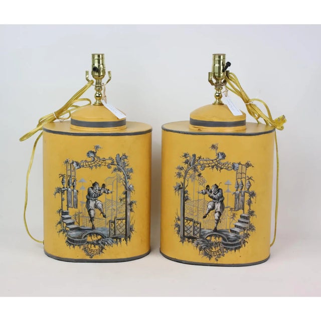 Yellow A Pair of Vintage English Chinoiserie Hand-Painted Yellow Tea Canister Table Lamps For Sale - Image 8 of 8