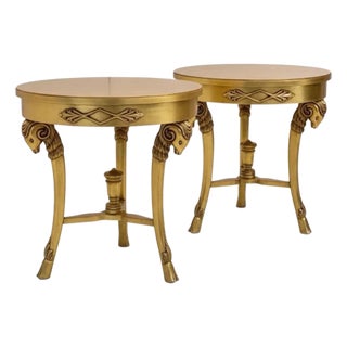 Mid-Century Neo-Classical Style Italian Carved Giltwood Side Tables W/ Rams - Pair For Sale