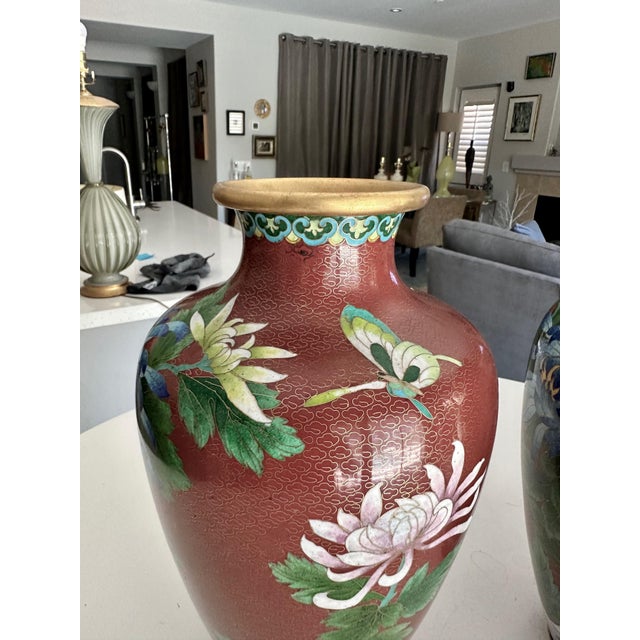 Metal Pair Chinese Cloisonné Floral Vases For Sale - Image 7 of 12