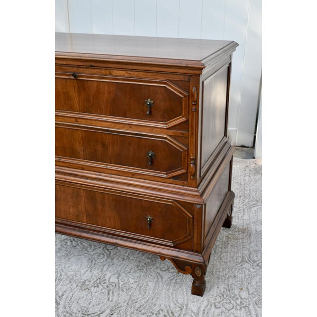 Jacobean Vintage Unique Tall Walnut Jacobean Style Cedar Lined Trunk W/Drawer For Sale - Image 3 of 12