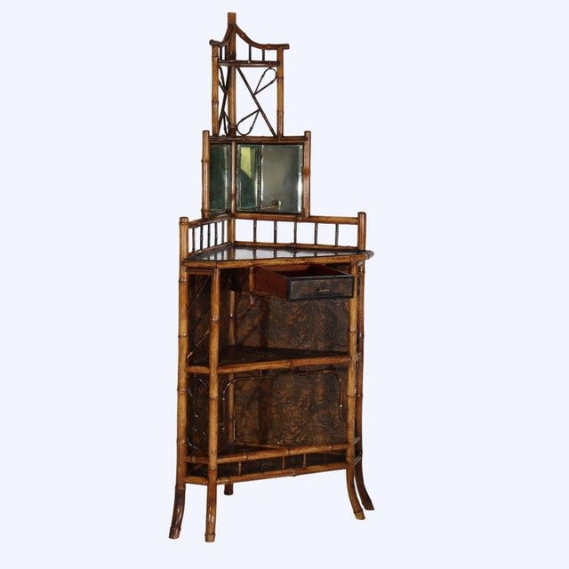 Antique Asian Bamboo Corner Etagere With Floral Leather Tooling & Mirror C1890 For Sale - Image 12 of 16