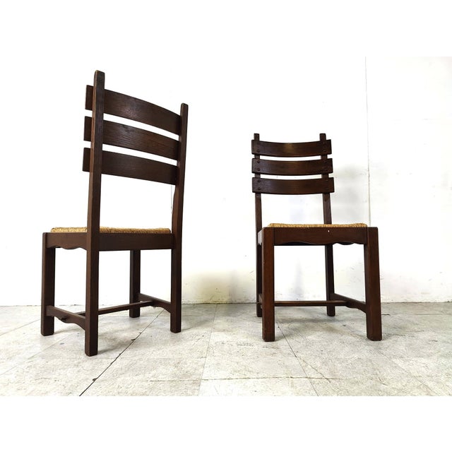 Brown Vintage Brutalist Oak and Wicker Dining Chairs, 1960s, Set of 6 For Sale - Image 8 of 11