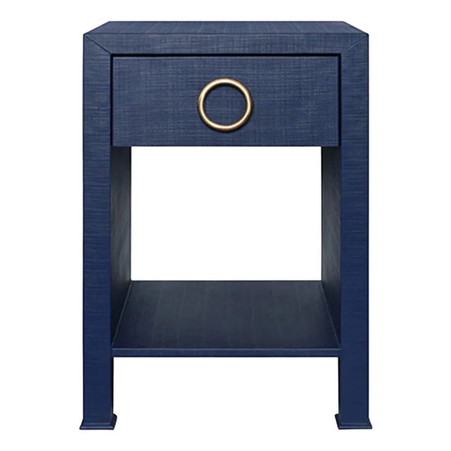 Matthew Izzo Home Malcolm Navy Linen One Drawer Side Table With Brass Drawpull For Sale