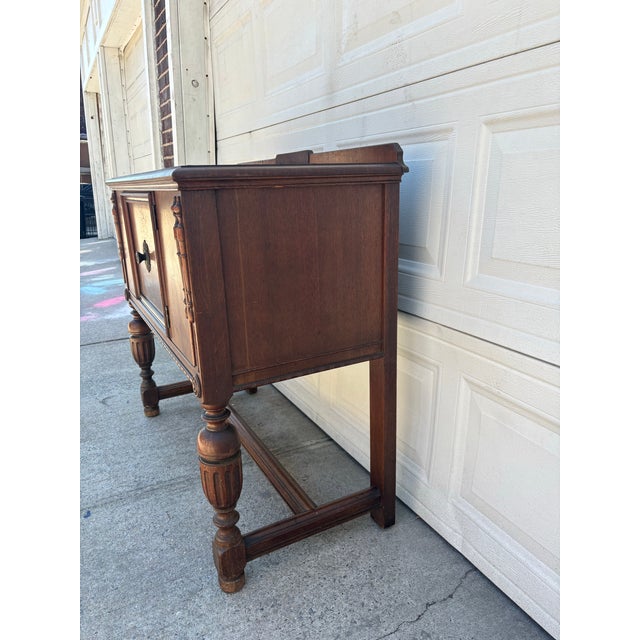 Early 20th Century Vintage Jacobean Revival Cabinet | Antique Tudor Style Walnut Server Console | Dark Academia Sideboard For Sale - Image 5 of 11