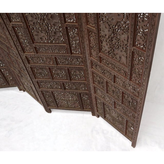 Four-Panel Finely Carved Teak Room Divider Screen For Sale - Image 4 of 12