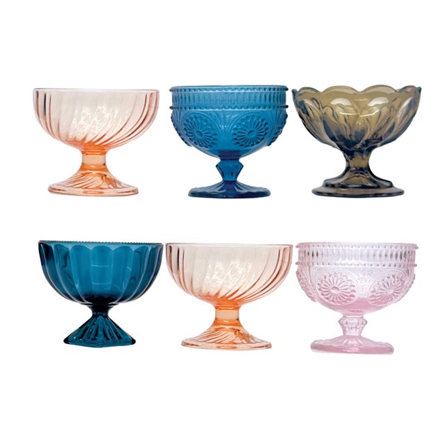 Eclectic Mixed-Color Footed Glass Dessert Bowl Curation - Group of 6 For Sale