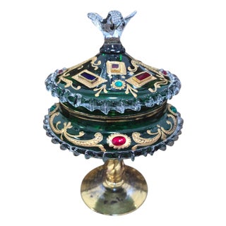 Venetian Emerald Green Glass Covered Bonbonnière with Gilt Decoration and Jewele, 1950 For Sale