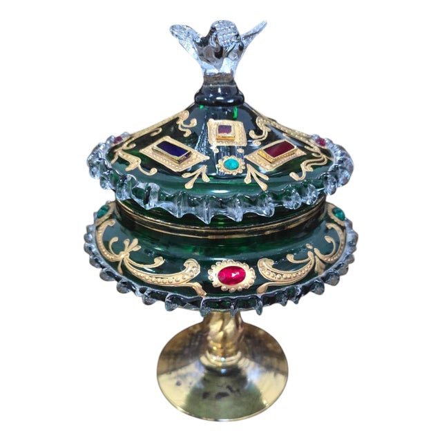 Venetian Emerald Green Glass Covered Bonbonnière with Gilt Decoration and Jewele, 1950 For Sale