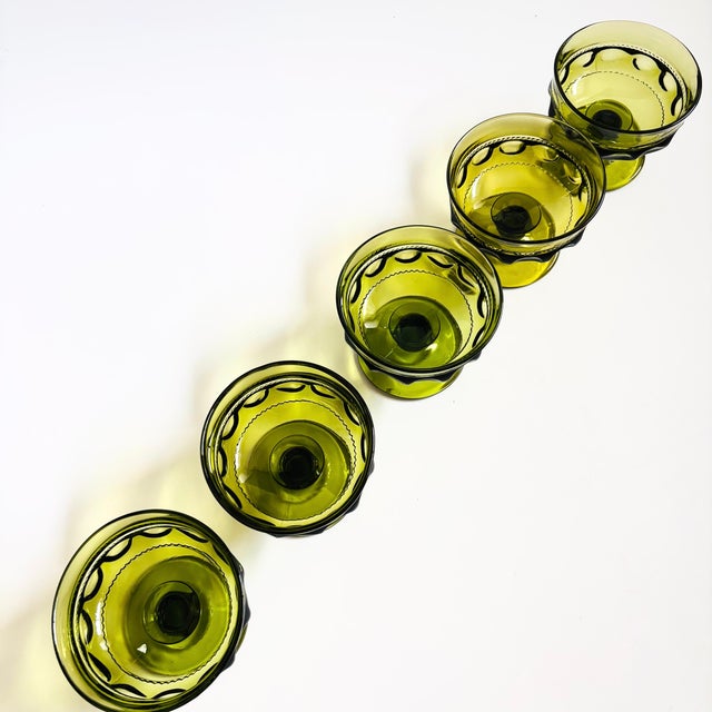Mid-Century Modern Indiana Glass Kings Crown Green Coupe Glasses - Set of 5 For Sale - Image 3 of 8