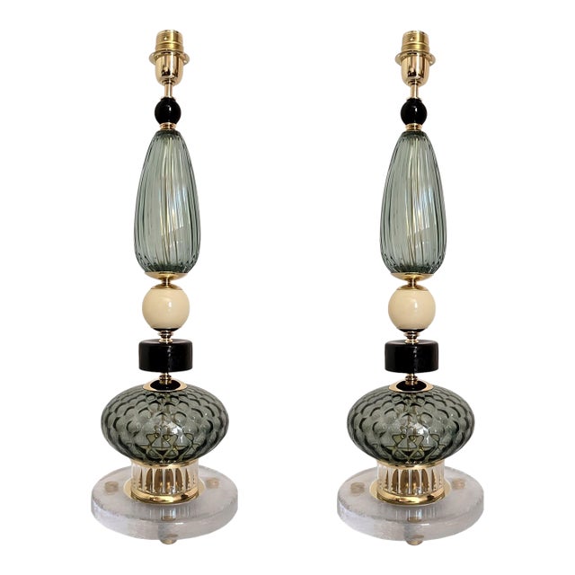 Pair of 1980s Green Murano Glass Lamps, Italy For Sale