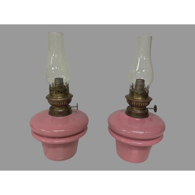 Pair of Antique Victorian Pink Opaline Art Glass Oil Lamp Fonts For Sale - Image 9 of 12