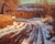 Arroyo Seco Winter captures a tranquil winter scene, where a winding road leads the viewer toward a rustic structure...