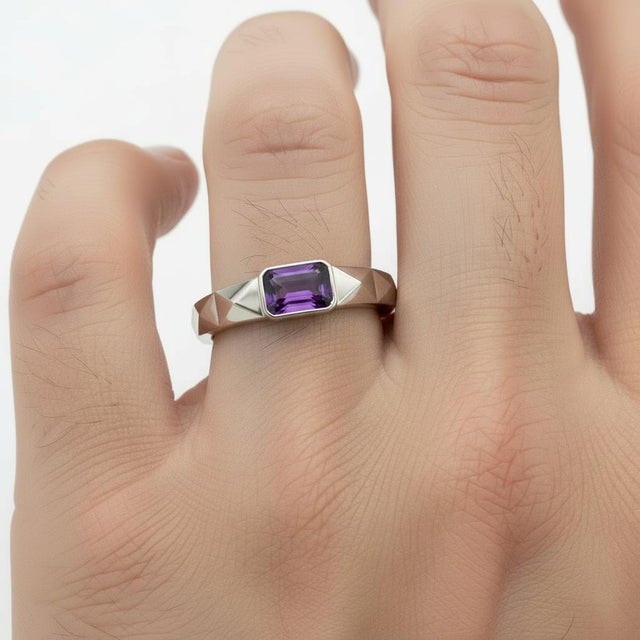 Metal Amethyst Solitaire Ring for Men Silver, Gold, Size 10 For Sale - Image 7 of 7