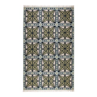 Part & Parcel Goods Wool Star Rug, 10' x 14', Sage, Navy, Sky Blue and Eggshell For Sale