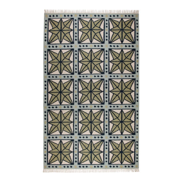 Part & Parcel Goods Wool Star Rug, 10' x 14', Sage, Navy, Sky Blue and Eggshell For Sale