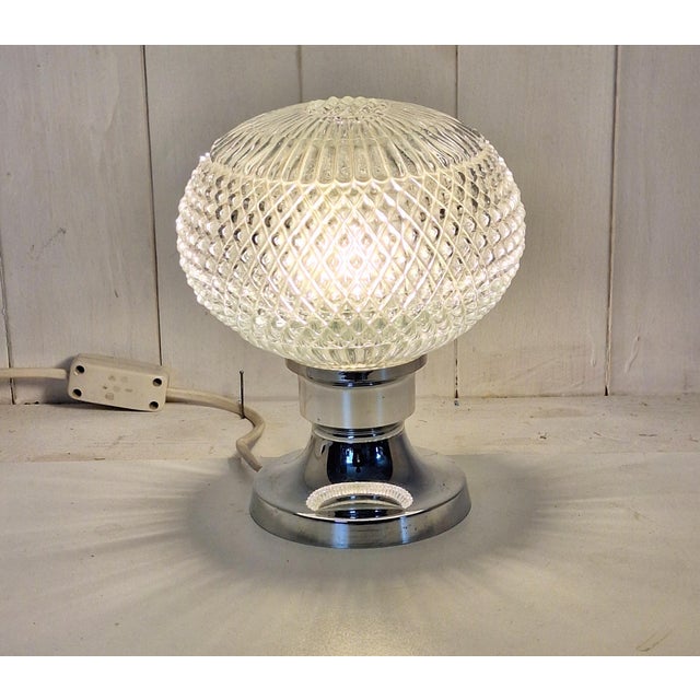 Silver Vintage Table Lamp with Chrome-Plated Metal Base and Clear Relief Glass Shade by Ets, 1970s For Sale - Image 8 of 8