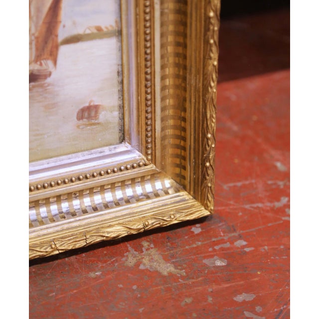 Textile 19th Century French Coastal Marine Oil on Canvas Painting in Carved Gilt Frame For Sale - Image 7 of 8
