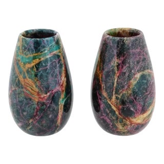 Pair of Mid 20th Century Carved Multicolored Jasper Stone Vases For Sale