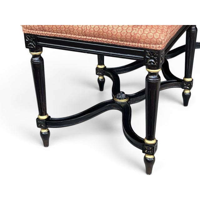 1960s Louis XVI Style Ebonized Bench With Tufted Coral Jacquard Upholstery For Sale - Image 9 of 10