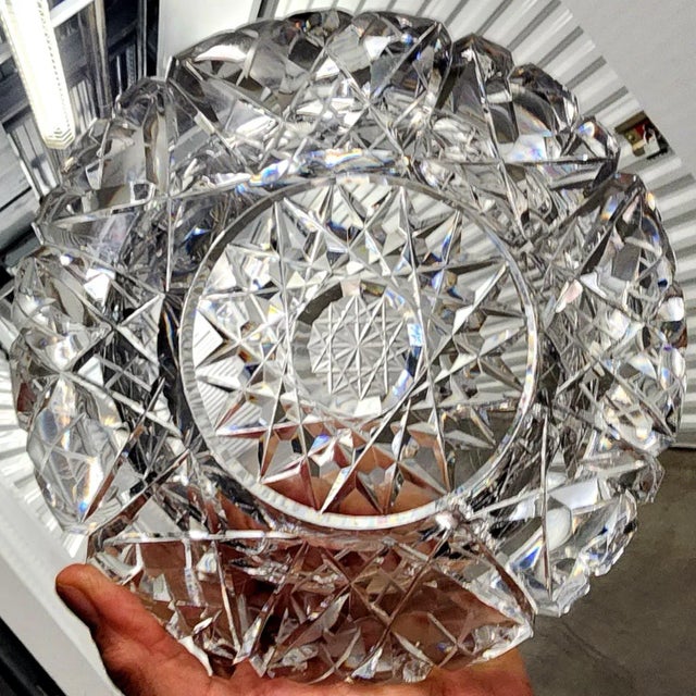 Transparent Decorative Large Deep Cut Fine Crystal Round Bowl For Sale - Image 8 of 10